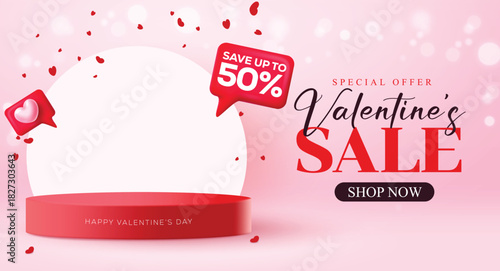 Valentine's day podium clipart banner template design. Red podium for Valentine's day sale special offer discount clip art for romantic holiday promo advertisement stage vector illustration.
