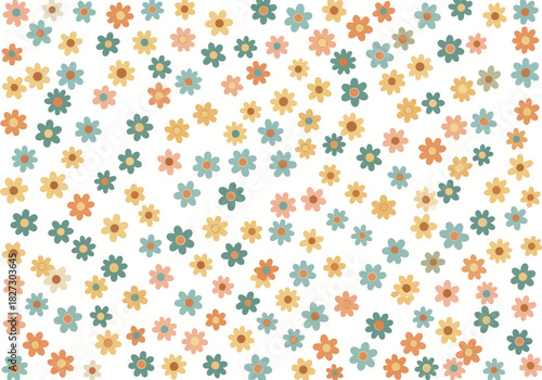 Seamless pattern of small, colorful, stylized daisy flowers scattered randomly on a, perfect for textile