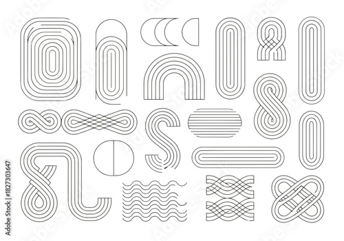 Set of abstract geometric shapes and lines with a retro, wavy, or striped texture