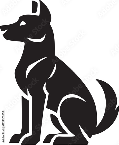 A simple black and white illustration of a dog in a seated position