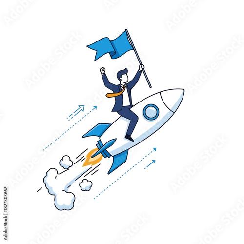 Successful businessman riding a launching rocket ship while holding a blue flag