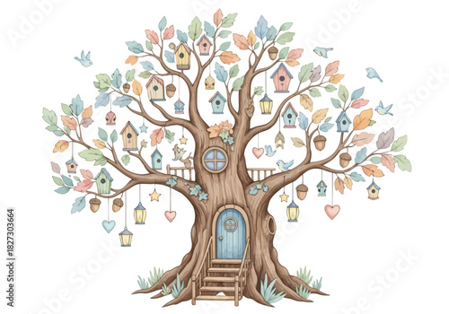Charming watercolor illustration of a large, magical treehouse with many colorful birdhouses and hanging lanterns