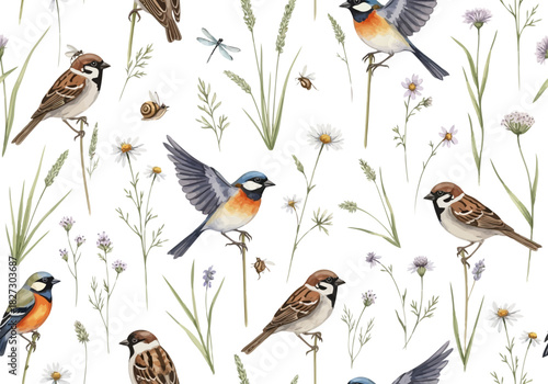 Watercolor seamless pattern with various small garden birds and delicate meadow grass and flowers on