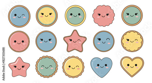A collection of cute, pastel-colored geometric shapes with adorable kawaii faces, offering a whimsical and playful aesthetic for various creative projects.