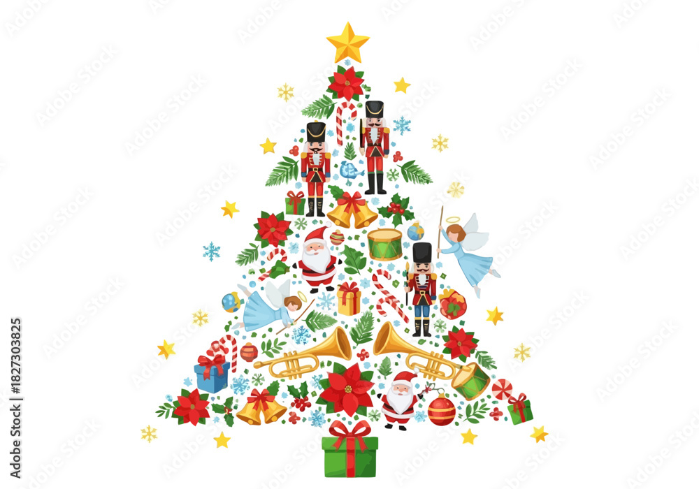 Obraz premium Watercolor illustration of christmas tree shape made of festive holiday elements like santa, nutcracker, angel, gift, and trumpet