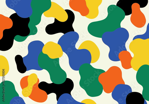 Abstract seamless pattern with organic shapes in bold primary and secondary colors on a light background