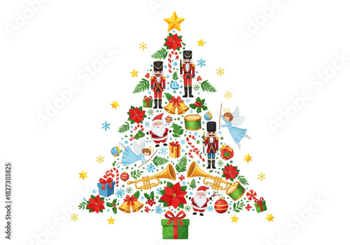 Watercolor illustration of christmas tree shape made of festive holiday elements like santa, nutcracker, angel, gift, and trumpet