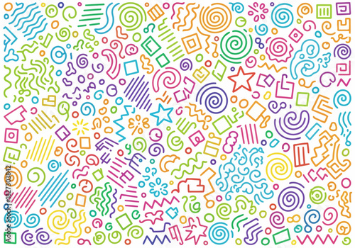 Colorful doodle pattern of abstract geometric shapes, lines, and swirls on a, perfect for playful design