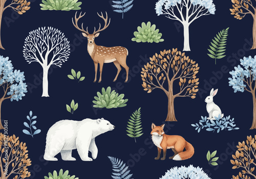 Seamless pattern with cute watercolor forest animals like deer, fox, rabbit, and polar bear on dark blue background