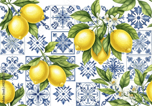 Watercolor seamless pattern with bright yellow lemons, green leaf, and white blossom on blue tile background