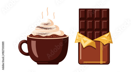 A vector illustration depicts a steaming cup of hot chocolate topped with whipped cream, alongside a bar of dark chocolate in golden wrapping, on white backdrop.