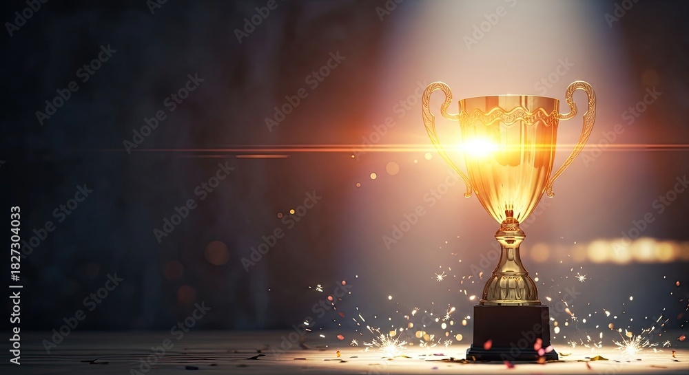 © SOEM - A golden trophy cup with a glowing light inside, standing on a wooden table with a dark background.