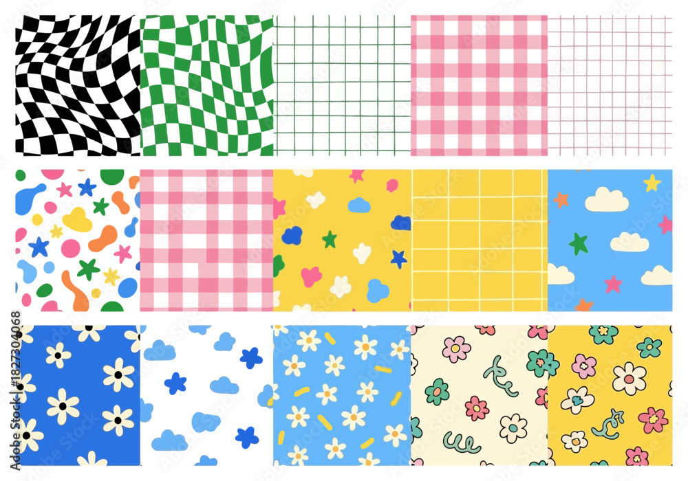 Fototapeta premium Collection of cute seamless patterns with checkerboard, plaid, grid, cloud, flower, and abstract shape motifs for textile design