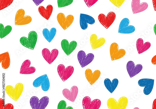 Seamless pattern of colorful hand drawn doodle hearts on a for valentine or love concept