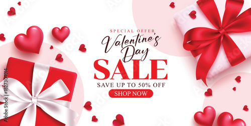 Valentine's day sale clipart banner design. Valentine's day special offer shopping discount clip art with red hearts and gift box elements in white abstract background for romantic celebration fliers 