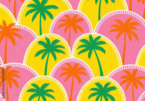 Vibrant seamless tropical pattern with stylized palm trees in colorful yellow and pink arches, perfect for summer design