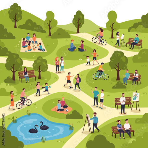 Diverse group of people enjoying various recreational activities in a lush green park setting on a sunny day