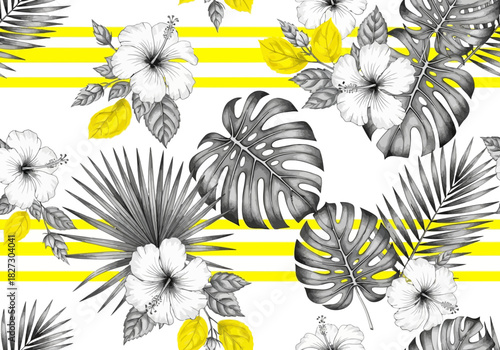 Seamless tropical pattern with black and white hibiscus flower and monstera leaf illustration on yellow stripe