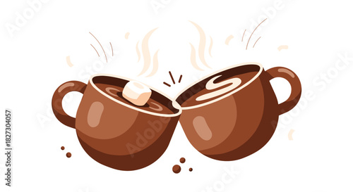 Two cups of hot chocolate are clinking together, one with a marshmallow and the other with whipped cream, creating a cozy and inviting atmosphere.