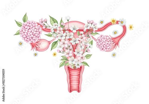 Watercolor illustration of a female uterus adorned with delicate pink and white spring blossoms and green leaf detail