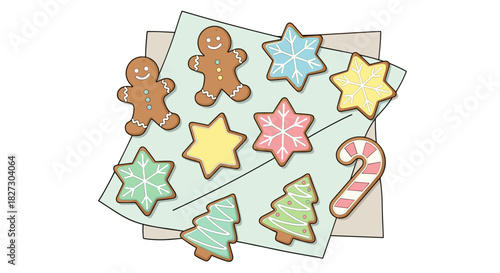 A delightful assortment of Christmas cookies, including gingerbread men, stars, Christmas trees, and a candy cane, all beautifully arranged on parchment paper.