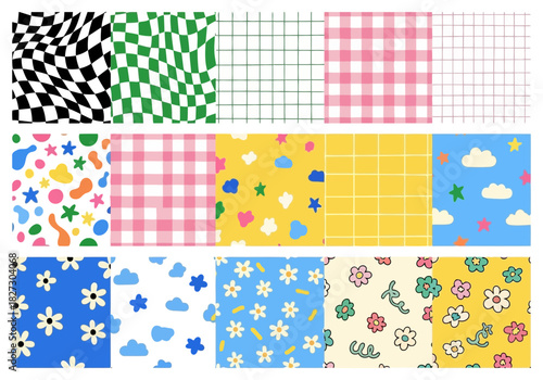 Collection of cute seamless patterns with checkerboard, plaid, grid, cloud, flower, and abstract shape motifs for textile design