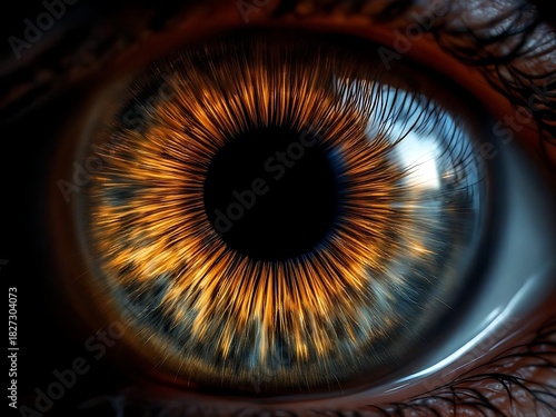 A detailed macro image of a brown human iris with golden textures and radial fiber patterns, captured against a clean black background for a dramatic visual effect