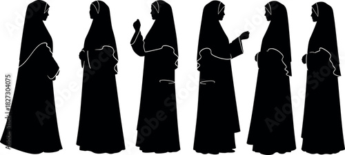 Set of Muslim women silhouettes wearing long abaya and hijab in various modest poses, vector illustration for culture, religion, and diversity themes