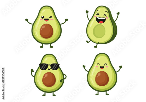Set of four cute cartoon avocado characters with different happy facial expressions