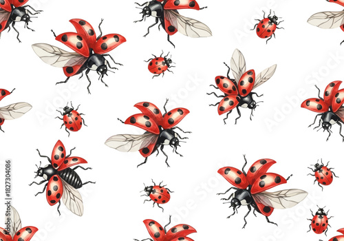 Seamless pattern with watercolor illustration of red ladybugs with open wings flying and crawling on