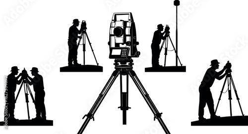 Set of land surveyor figures operating total station and GPS equipment on a tripod, vector silhouette illustration for civil engineering, construction, and mapping concepts