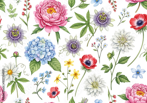 Watercolor seamless pattern with various beautiful garden flowers like peony, hydrangea, anemone, and passionflower on