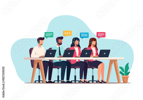 Four diverse customer service agents wearing headset sitting at desk with laptop providing support and communication in call center environment
