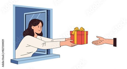 A woman passes a red gift box with a yellow ribbon through a window to another person in a vector illustration, symbolizing generosity and giving.
