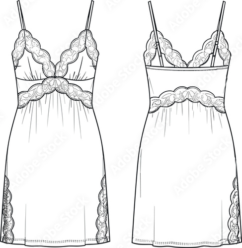 Technical Flat Fashion Illustration of a Lace-Trimmed Chemise Nightgown or Slip Dress with Spaghetti Straps, Lingerie Design Vector Template Front and Back