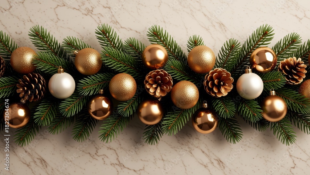 Fototapeta premium Christmas garland with gold and white ornaments on marble