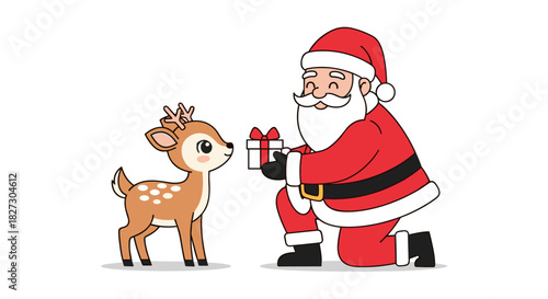 A charming cartoon illustration depicts Santa Claus offering a beautifully-wrapped gift to a darling baby deer, set against a clean white backdrop for a festive holiday scene.