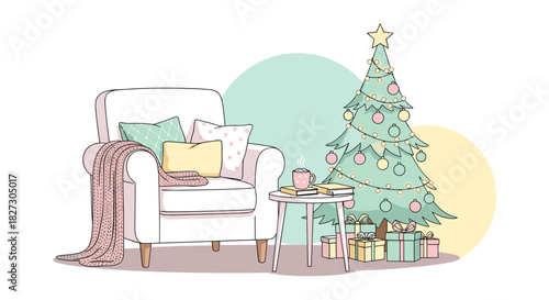 A cozy Christmas illustration showcases a decorated tree, gifts, and a comfortable armchair with a blanket, creating a festive and inviting scene.