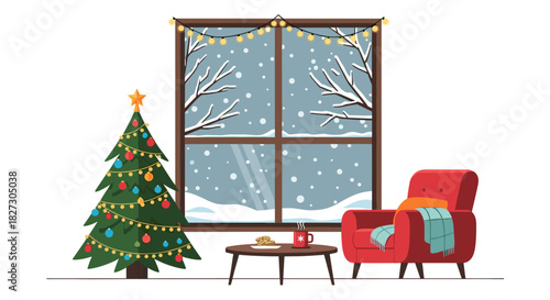 A cozy Christmas scene features a decorated tree, a comfortable armchair, and a snowy view through a window adorned with festive lights, creating a warm interior.
