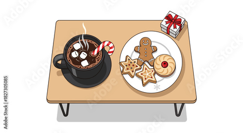 A charming illustration depicts a cozy Christmas scene with hot chocolate, marshmallows, candy cane, and festive cookies, perfect for a warm holiday greeting.