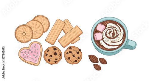 A delightful assortment of cookies and a steaming mug of hot chocolate topped with whipped cream and marshmallows create a cozy and inviting scene.