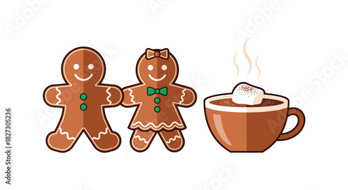 A charming illustration showcasing two gingerbread cookies holding hands alongside a steaming mug of hot chocolate topped with a marshmallow, all on a white backdrop.