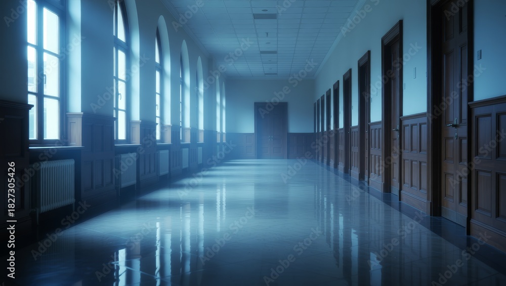 Fototapeta premium Calm empty hallway with arched windows and polished floor