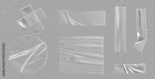 Transparent adhesive plastic tape pieces and cross for fixing isolated on transparent background. Crumpled adhesive plastic