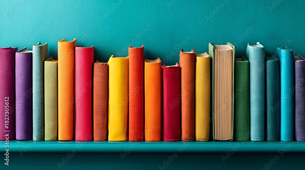 Naklejka premium Colorful Bookshelf with Vibrant Spines Against a Teal Wall.