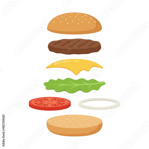 Deconstructed Burger Explore the Layers of a Classic American Meal in a Simple Vector Illustration