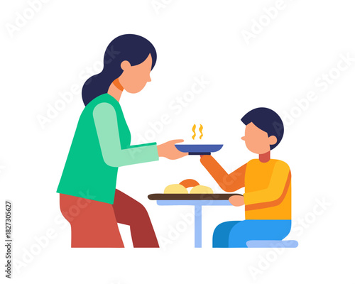 mother serving food to son