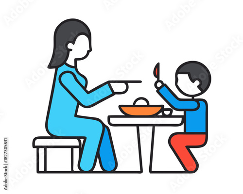 mother serving food to son