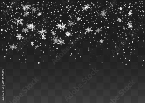 Christmas snow. Falling snowflakes on a dark background. Snowfall. Vector illustration.