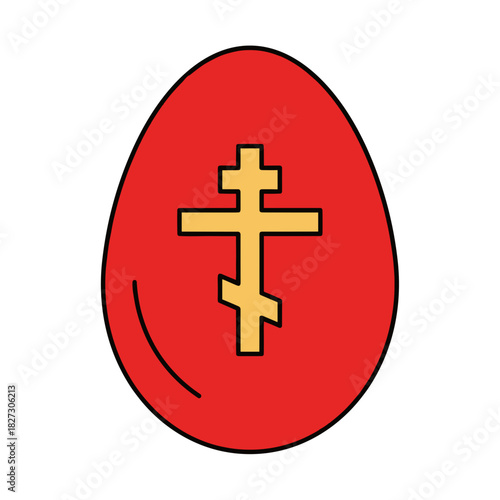 Minimal red egg with gold Orthodox cross elegant vector icon for Easter and religious celebration